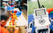 Obraz podzielony na dwie części, na jednej dzieci bawią sie klockami przy stole, na drugiej szary robot - zabawka